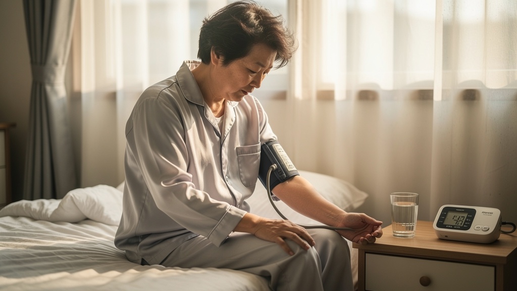 아침에 집에서 혈압을 재는 중년 성인