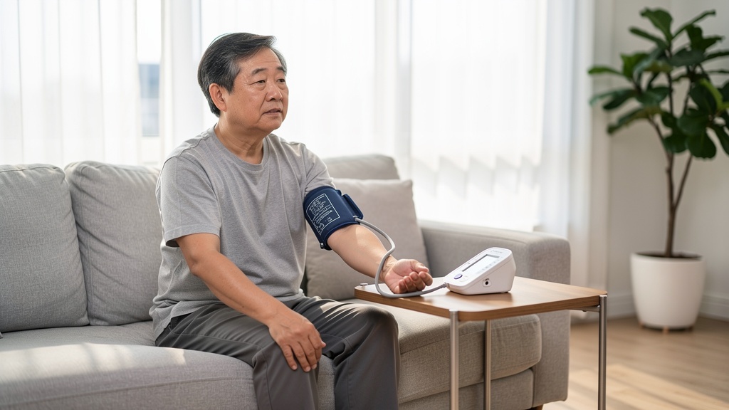 거실에서 올바른 자세로 혈압을 측정하는 중년 성인